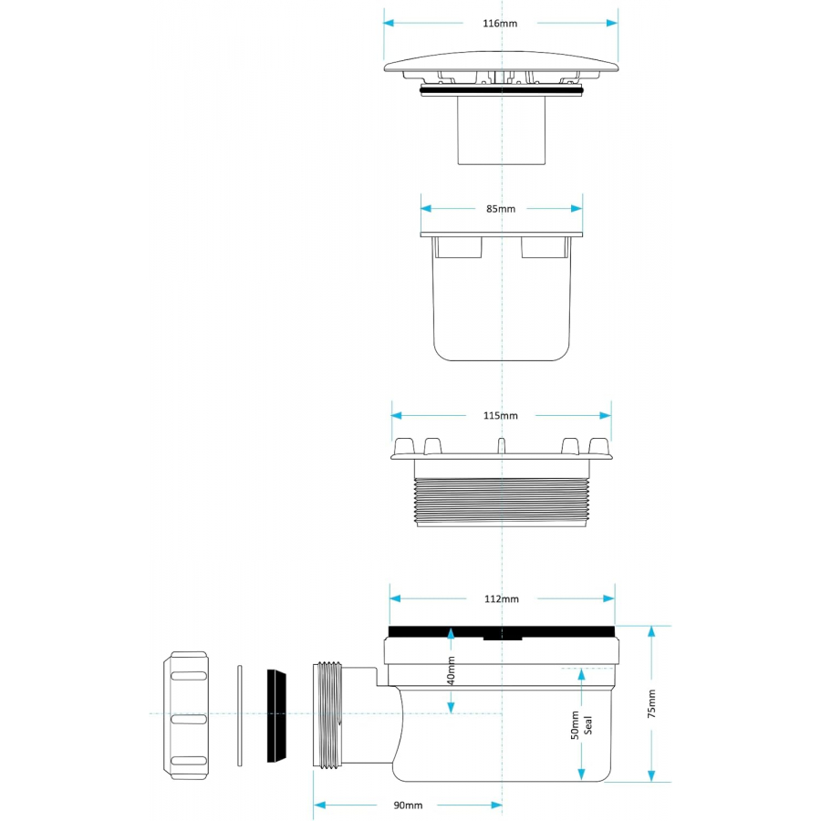 VIVA WTSH90 easy clean chrome shower waste for 90mm shower tray