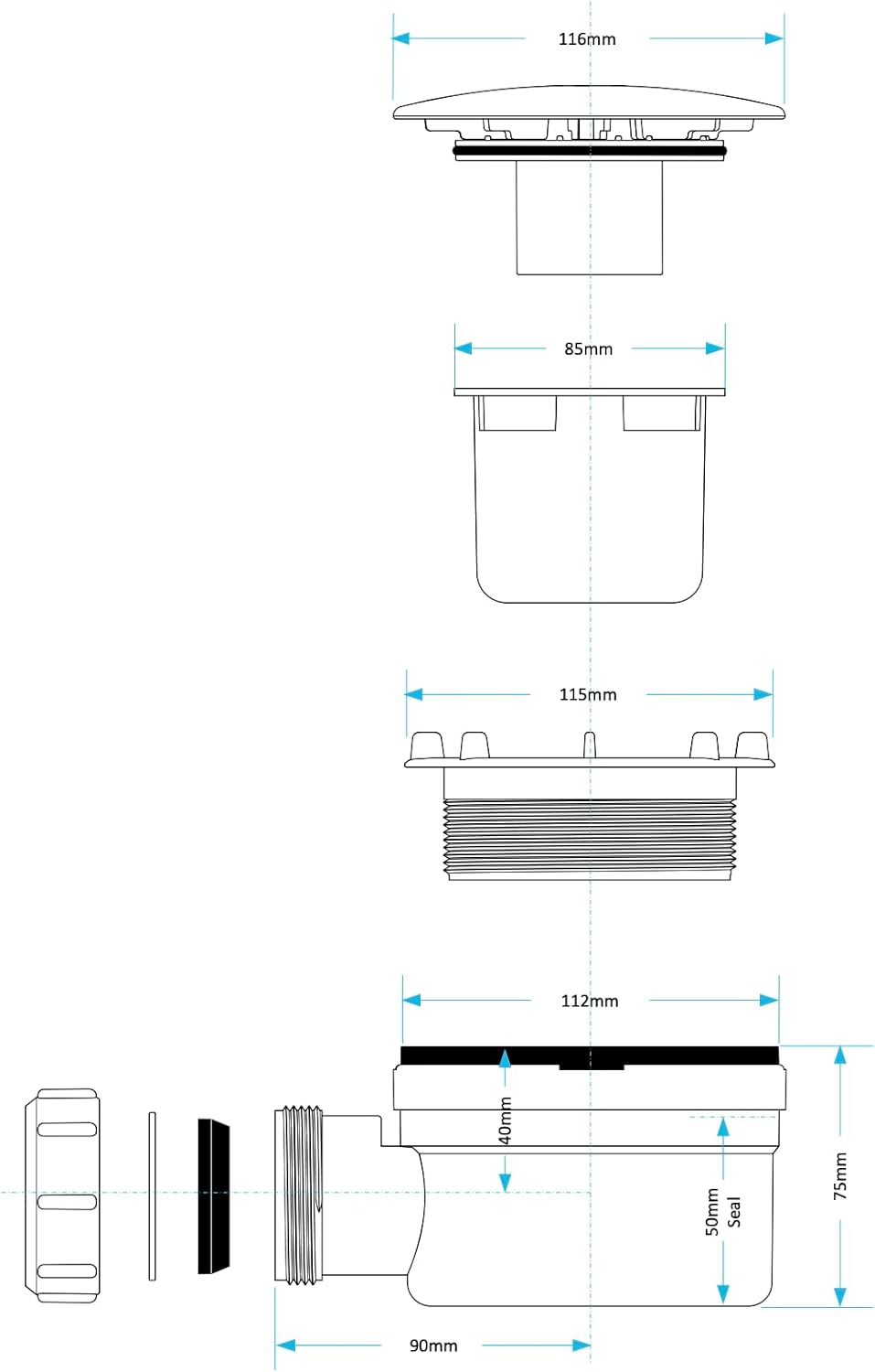 VIVA WTSH90 easy clean chrome shower waste for 90mm shower tray