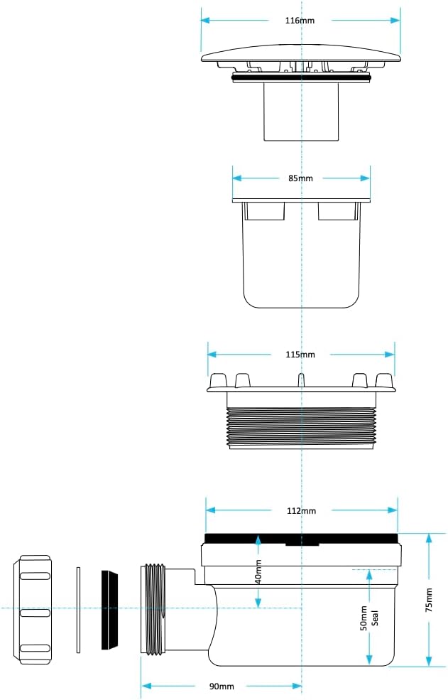 90mm black shower trap with 50mm water seal and 30L/min flow rate