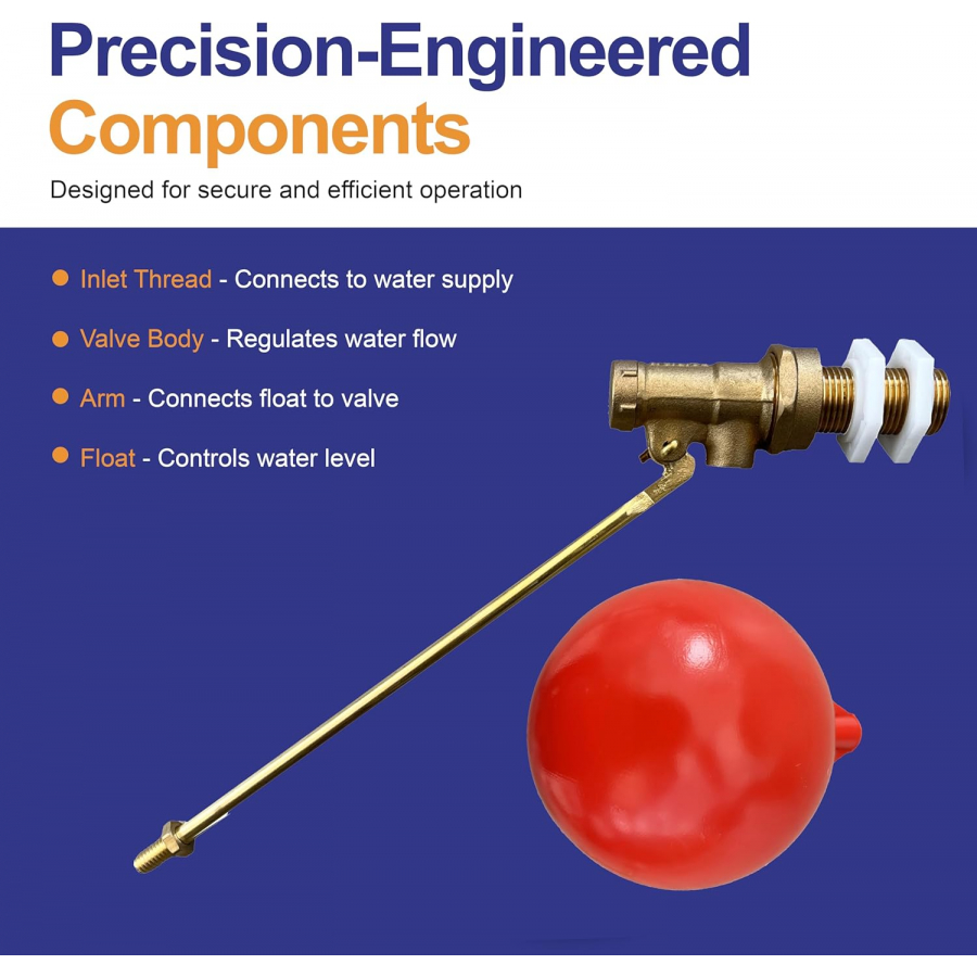 Part 1 ballcock valve components showing inlet thread valve body arm and float