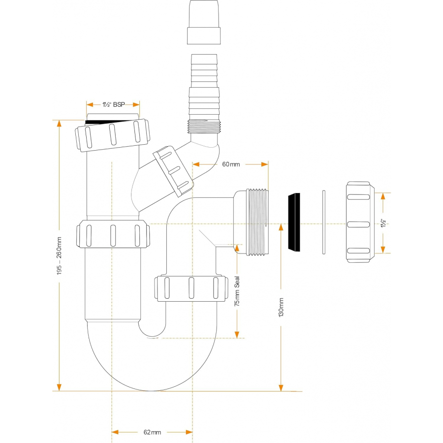 VIVA WTST01 40mm kitchen sink trap with dishwasher waste connection
