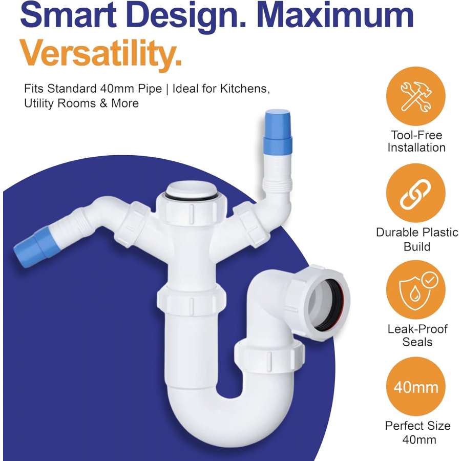 VIVA WTST02 40mm kitchen sink trap with washing machine and dishwasher waste connections