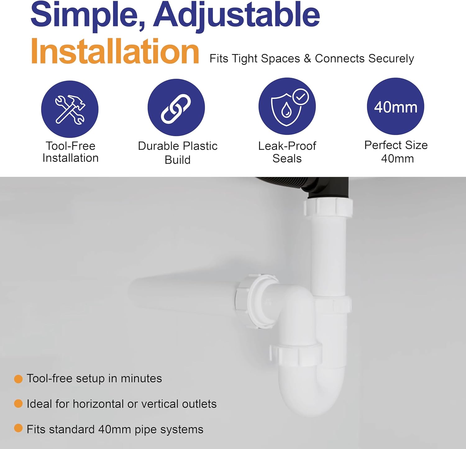 White polypropylene 1½ inch P trap for 40mm sink waste pipe