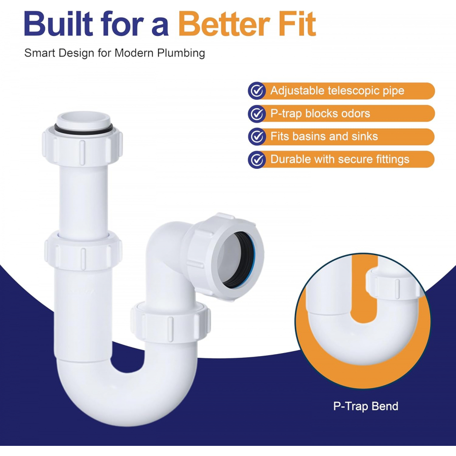 32mm telescopic P trap with universal outlet for waste pipe