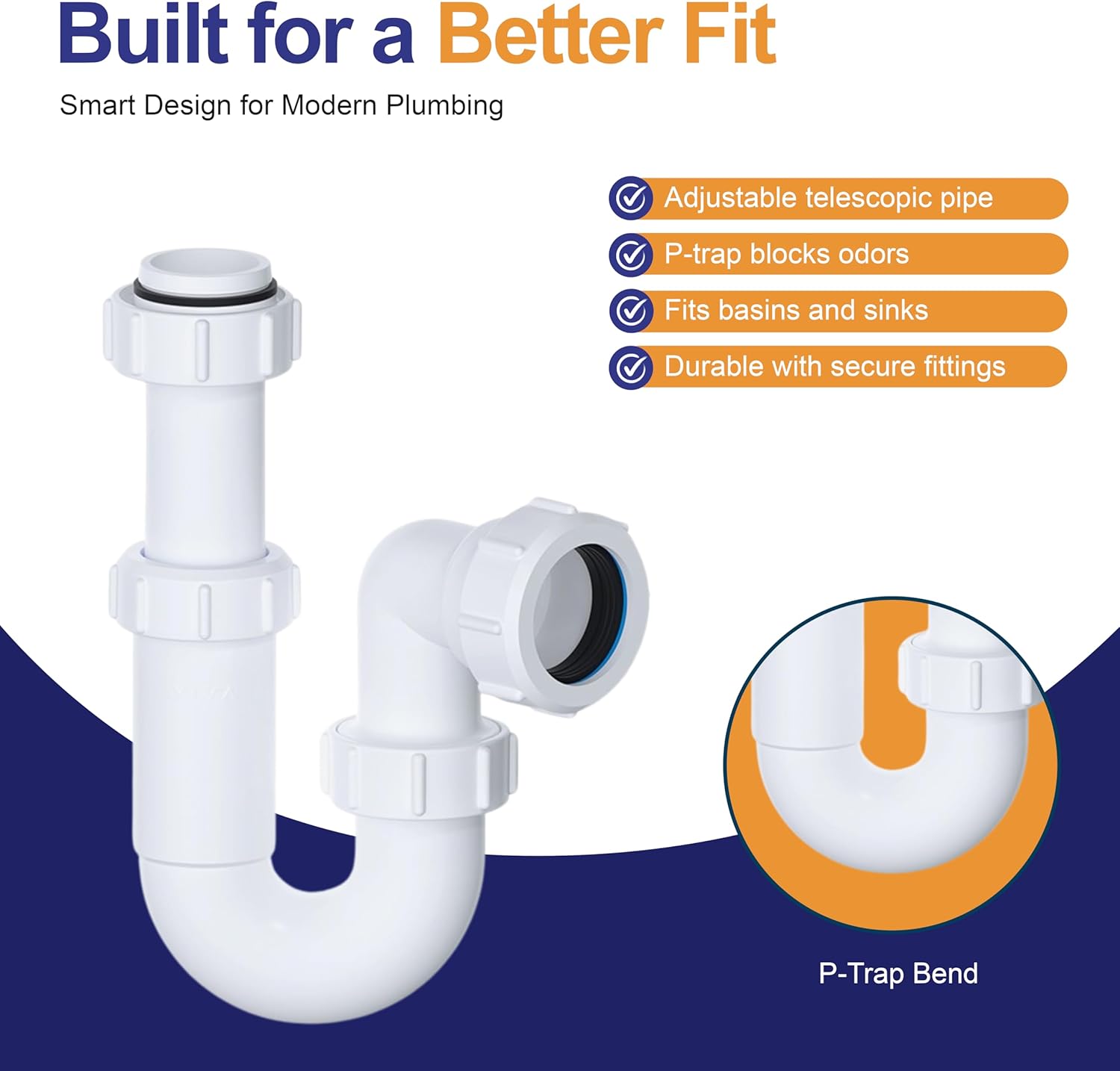 32mm telescopic P trap with universal outlet for waste pipe