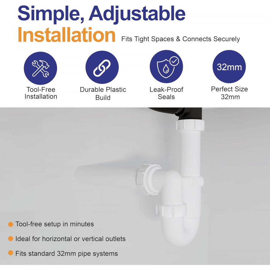 White polypropylene 1¼ inch basin trap for 32mm waste pipe