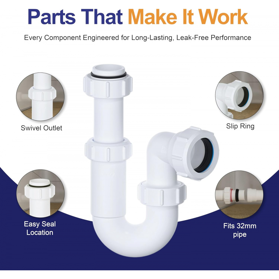 VIVA adjustable basin trap for bathroom sink waste installation