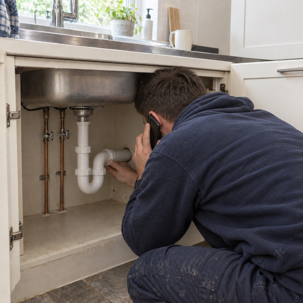 Plumber fitting a sink trap under a kitchen sink