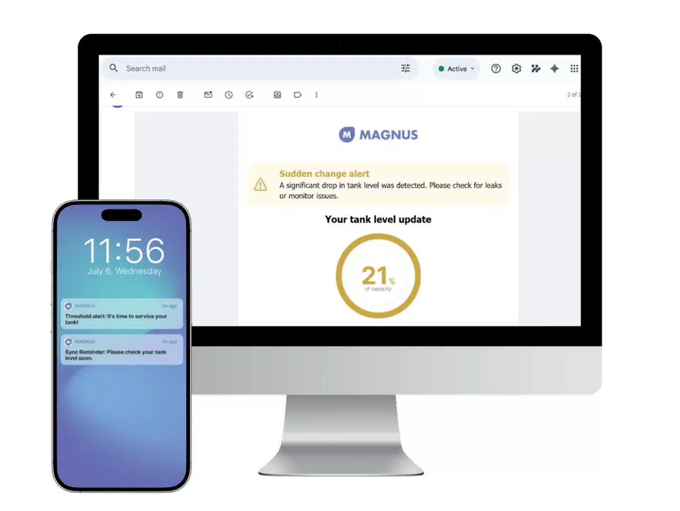 Tank level alerts on a phone and on the Magnus dashboard