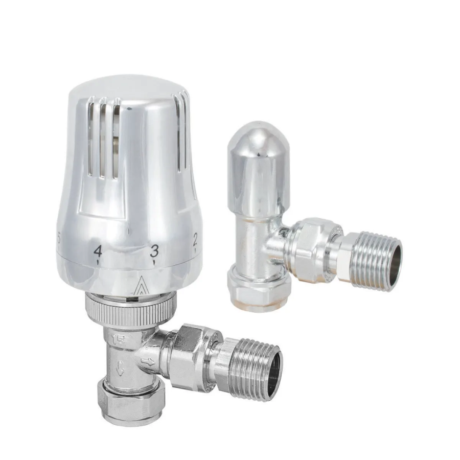 PlumbEZ Thermostatic Radiator Valve Angled pack with lockshield, chrome head