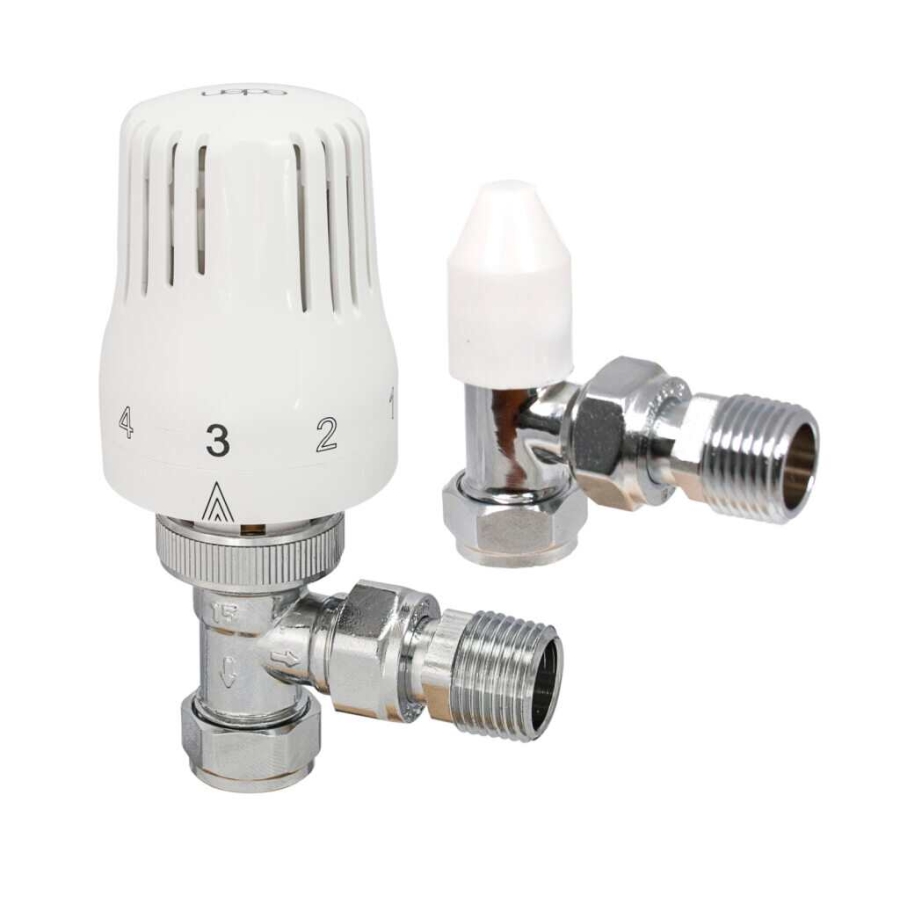 PlumbEZ Thermostatic Radiator Valve Angled pack with lockshield, white head